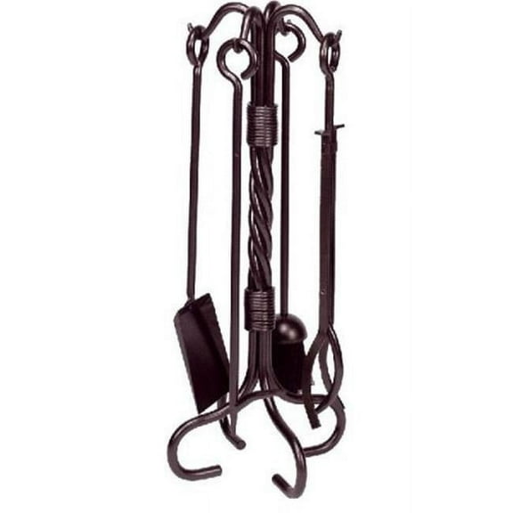 Dagan AHF301 Wrought Iron Fireplace Tool Set with Twist Stand, Bronze - 5 Piece