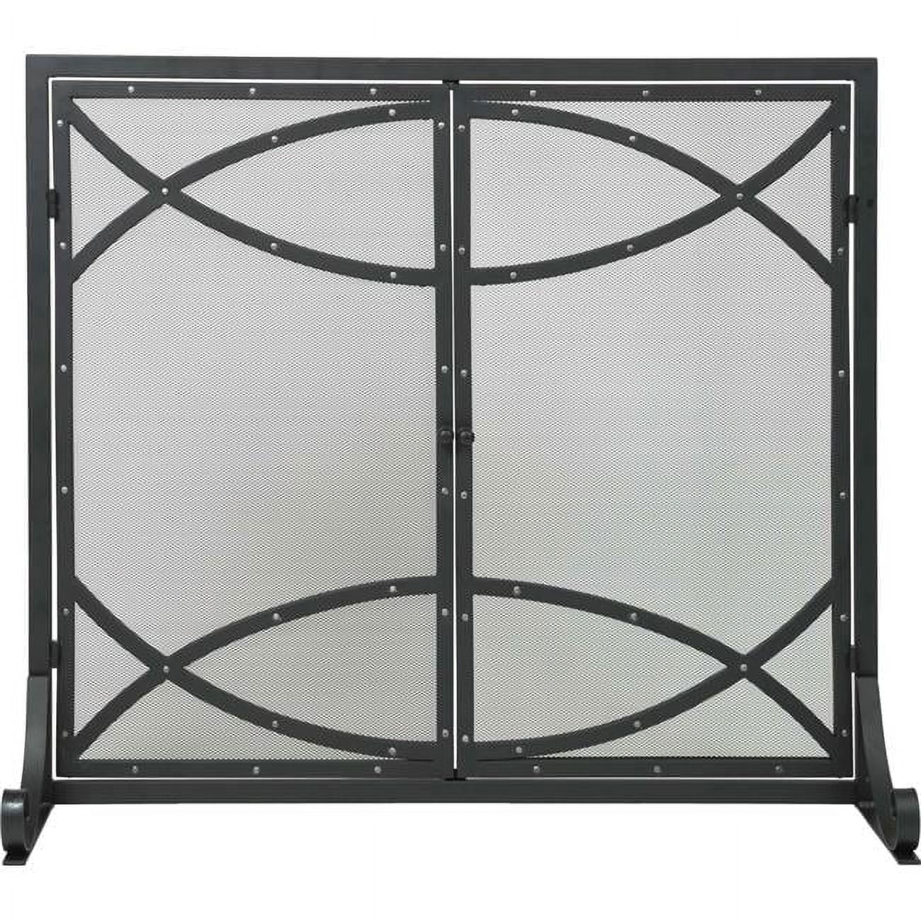 Elegant Black Steel Fireplace Screen with Silver Rivet Design and Doors