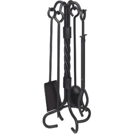 Dagan AHF101 Wrought Iron Fireplace Tool Set with Twist Stand, Black - 5 Piece