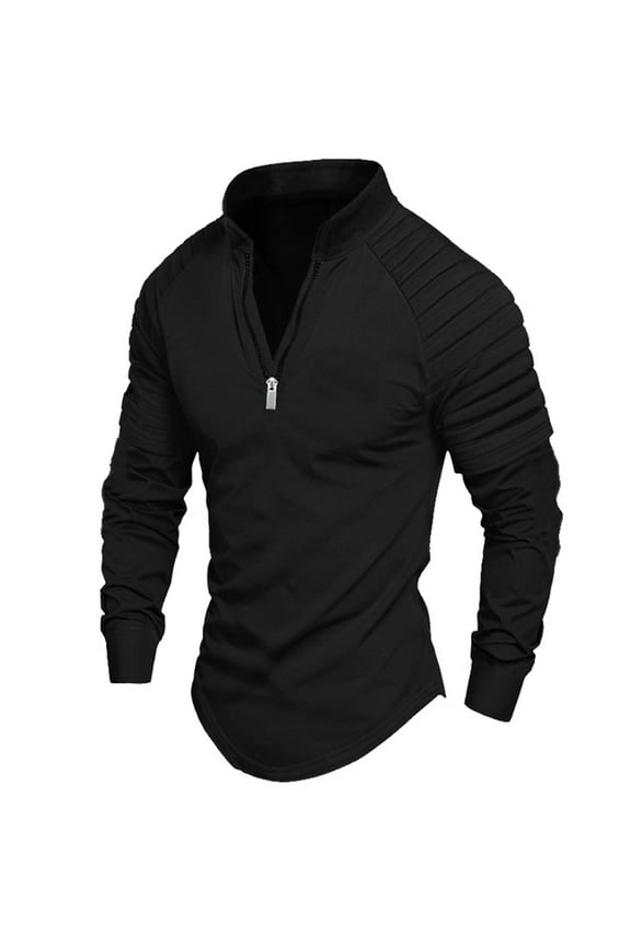 1/4 Zip Up Shirts for Men Pleated Raglan Long Sleeve Tshirt Stand Collar Gym Workout Bodybuilding Shirt Fashion Curved Hem Fall Tees Tops Black S