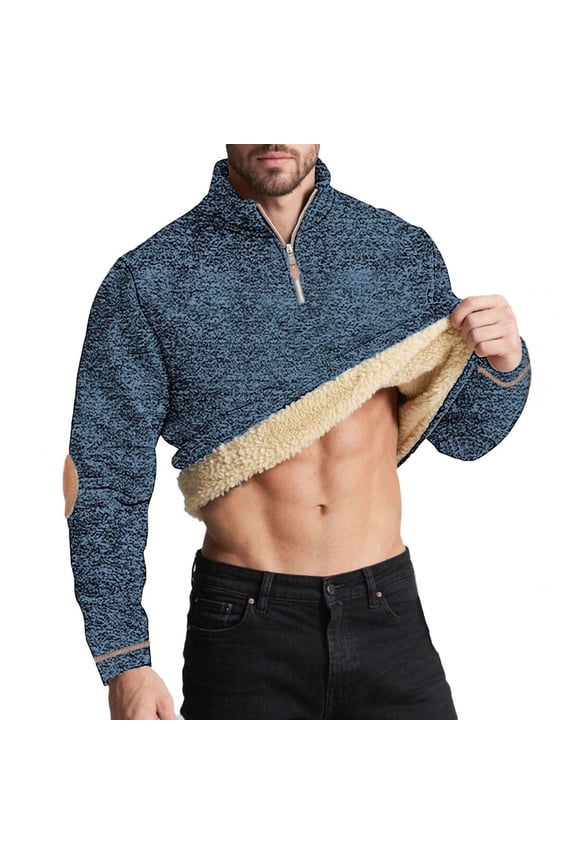 1/4 Zip Up Pullover Tops for Men Long Sleeve Stand Neck Sweatshirt Fleece Winter Warm Sweatshirts Blue XL
