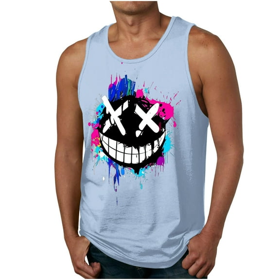 Dagegui Under $10 Mens 3D Printed Tank Tops Funny Face Tooth Graphic Tees Plus Size Sleeveless Crewneck Shirts Casual Loose Party T-Shirts Light Blue S
