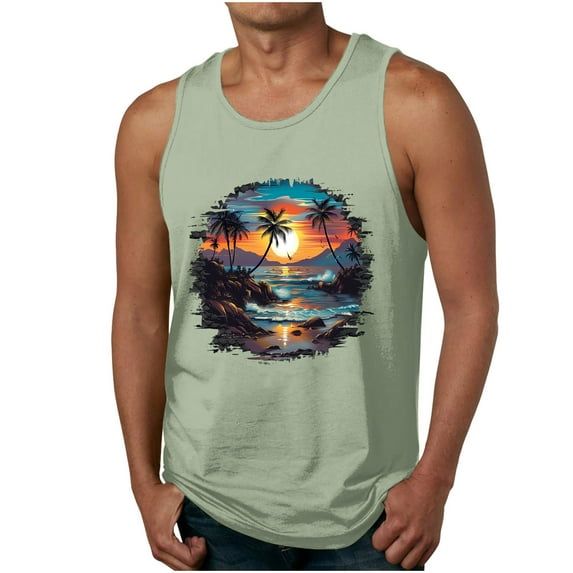 Dagegui Under $10 Mens Hawaiian Tank Tops Sunset Palm Tree Graphic Tropical Tanks Big and Tall Muscle Tank Top Loose Sleeveless Crewneck Workout Vest Mint Green M