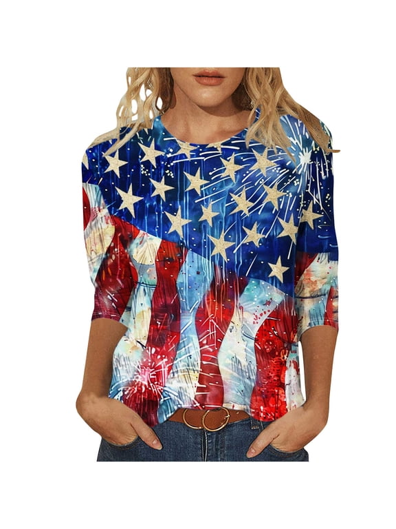 Under $10 Star Stripes American Flag T Shirt for Women 2025 July 4th Patriotic Shirts 3/4 Sleeve Summer Casual Tops Independence Day Distressed Blouses