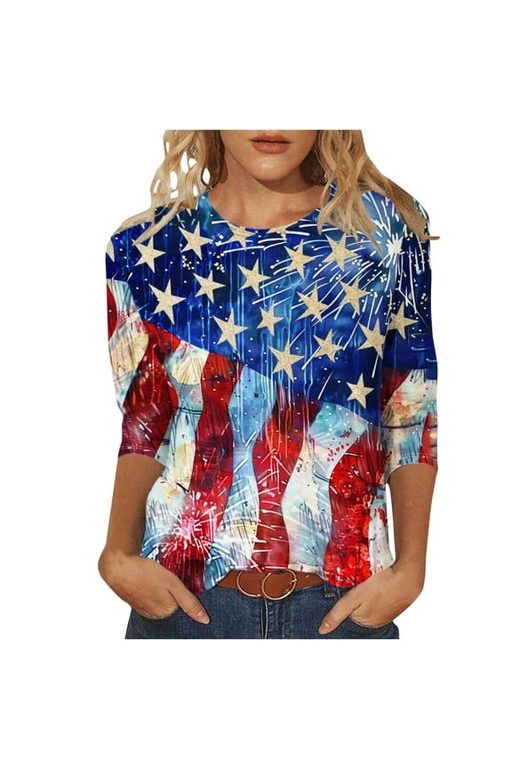 Under $10 Star Stripes American Flag T Shirt for Women 2025 July 4th Patriotic Shirts 3/4 Sleeve Summer Casual Tops Independence Day Distressed Blouses