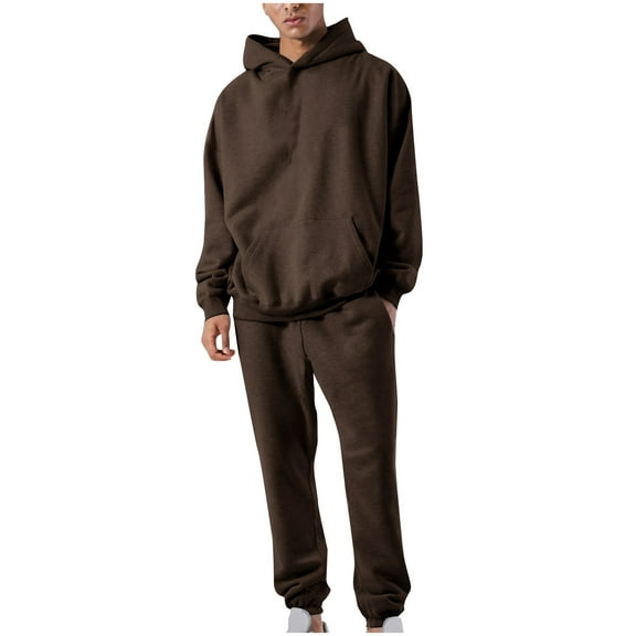 Dagegui 2 Pc Mens Sweatsuits Winter Long Sleeve Pullover Tracksuits Solid Color Hoodie Sweatshirts with Kangaroo Pocket Casual Sweatpants Match Sets Brown S