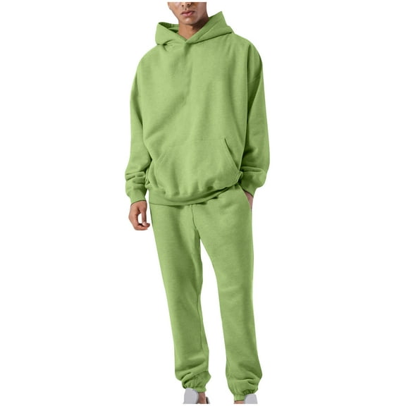 Dagegui 2 Pc Mens Sweatsuits Winter Long Sleeve Pullover Tracksuits Solid Color Hoodie Sweatshirts with Kangaroo Pocket Casual Sweatpants Match Sets Green S