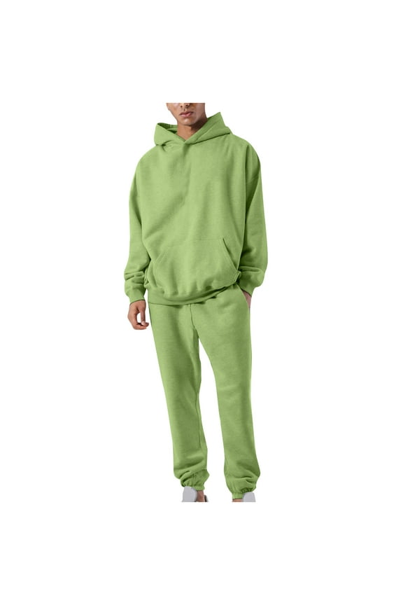 2 Pc Mens Sweatsuits Winter Long Sleeve Pullover Tracksuits Solid Color Hoodie Sweatshirts with Kangaroo Pocket Casual Sweatpants Match Sets Green XL