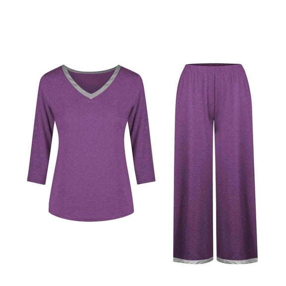 Dagegui 2 Pc Womens Pajamas Set 3/4 Sleeve V Neck Tops Color Block Pullover Sleep Shirts Capri Pants Pjs Sets Soft Cozy Summer Fall Nightwear Purple M