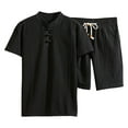 thumbnail image 1 of Dagegui 2 Piece Mens Casual Outfit Big and Tall Cotton Linen Set Solid Stand Neck T-Shirts and Short Pants Sets Daily Colthes Black 3XL, 1 of 7