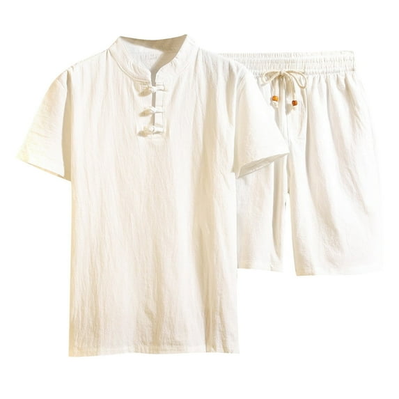 Dagegui 2 Piece Mens Casual Outfit Big and Tall Cotton Linen Set Solid Stand Neck T-Shirts and Short Pants Sets Daily Colthes White 5XL