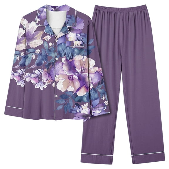Dagegui 2 Piece Pajamas Set for Women V Neck Button Sleepwear Floral Print Long Sleeve Shirts and Straight Pants Pjs Set Soft Comfy Loungewear Purple S