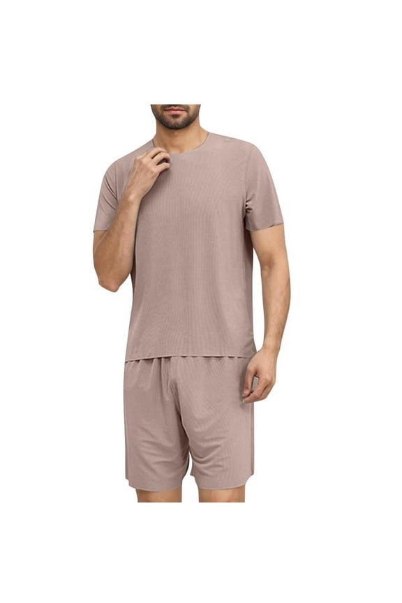 2 Pieces Mens Pajamas Sets Ice Silk Crewneck Short Sleeve Shirts and Shorts Match Set Solid Casual Loose Fit Sleepwear Outfits Summer Pjs ZAA Brown,Large