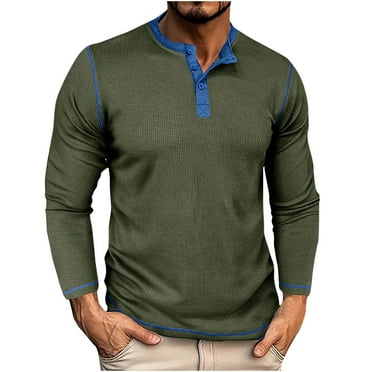Dagegui 2025 Clearance! Mens Waffle Henley Shirts Basic Long Sleeve Buttons T-Shirts Slim Fit Running Athletic Pullover Shirt Fall Crewneck Tees Tops Army Green,M