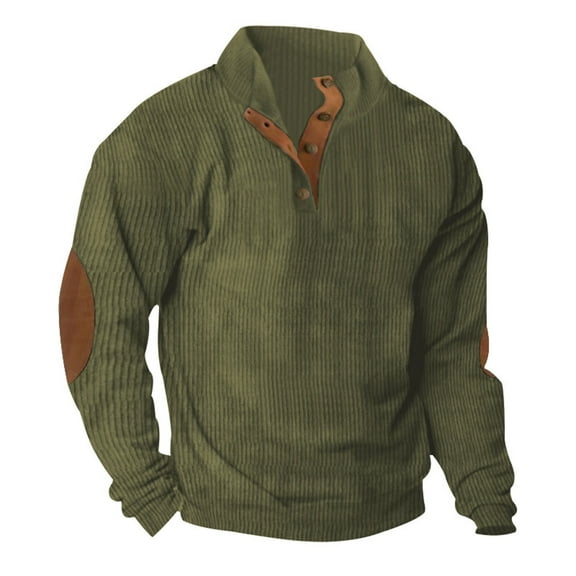 Dagegui Mens Corduroy Shirts Long Sleeve Stand Neck T-Shirts Vintage Patch on the Elbow Shirt Casual Loose Fit Pullover Tees Fall Winter Tops Army Green,M