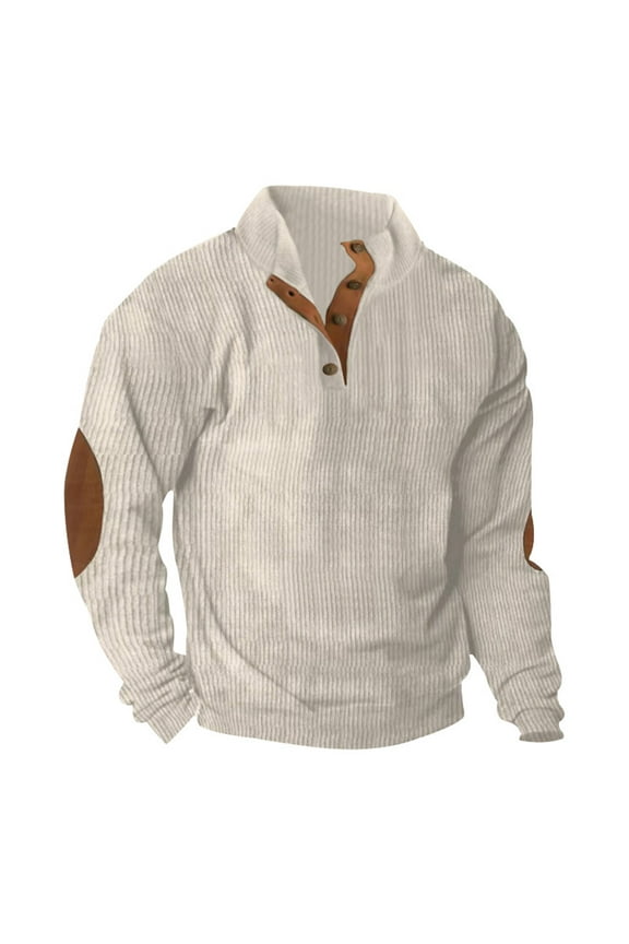 Mens Corduroy Shirts Long Sleeve Stand Neck T-Shirts Vintage Patch on the Elbow Shirt Casual Loose Fit Pullover Tees Fall Winter Tops Beige,M