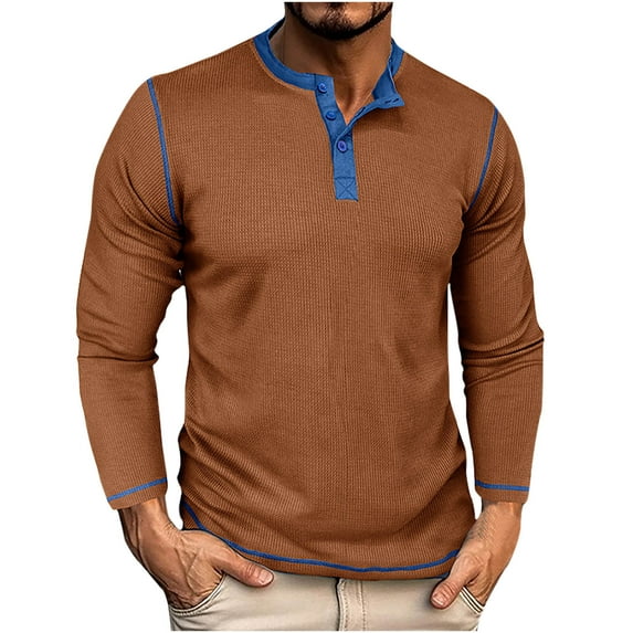 Dagegui 2025 Clearance! Mens Waffle Henley Shirts Basic Long Sleeve Buttons T-Shirts Slim Fit Running Athletic Pullover Shirt Fall Crewneck Tees Tops Coffee,XL
