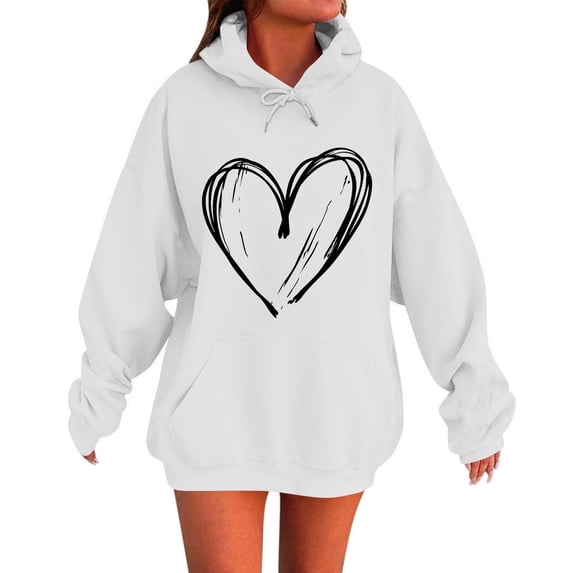 Dagegui 2026 Hoodies for Women Fall Hooded Sweatshirts Casual Heart Printed Long Sleeve Pullover Fall Winter Oversized Tops with Pocket White XXXL