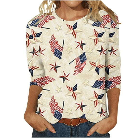 Dagegui 3/4 Sleeve Crewneck T-shirts for Women 1776 Independence Day Shirts Summer Loose Fit Soft Comfy Tunics Tops American Flag Graphic Tees 2024 Prime Day Deals Today