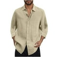 thumbnail image 1 of Dagegui 3/4 Sleeve Linen Shirts for Men Solid Turndown Collar Button Down T-Shirt Summer Casual Daily Beach Tee Tops Khaki L, 1 of 5