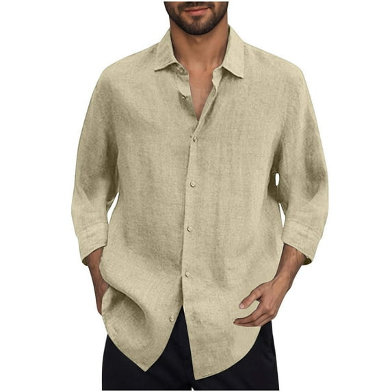 Dagegui 3/4 Sleeve Linen Shirts for Men Solid Turndown Collar Button Down T-Shirt Summer Casual Daily Beach Tee Tops Khaki L