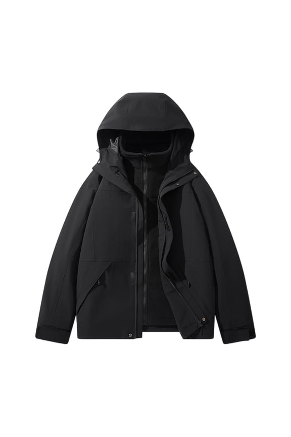 3 in 1 Windbreaker Coats for Men Fleece Liner and Windproof Jackets Sets Thicken Warm Winter Hooded Outwear with Pockets Black XXXL