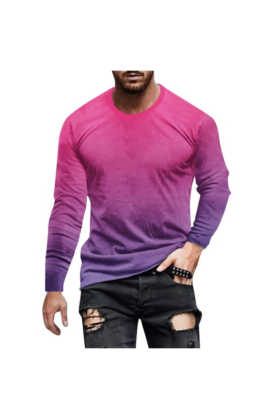 Autumn Mens Long Sleeve Tie Dye T-Shirts Big and Tall Crew Neck Workout Shirts Casual Loose Fit Shirt Pullover Tops Hot Pink 4XL