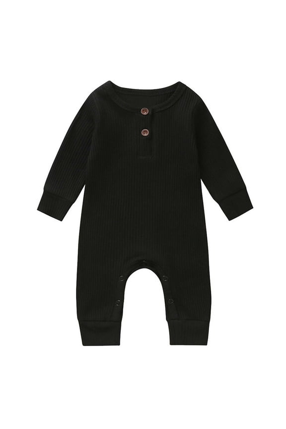Baby Boys Girls Knitted Romper Infant Solid Long Sleeve Bodysuit Cute Henley Neck Bottom Button Jumpsuit Outfits Toddler Comfy Footless Clothes Black,9-12 Months