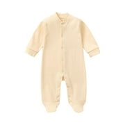 Dagegui Baby Cotton Romper Bodysuit Infant Long Sleeve Button-Down Jumpsuit Soft Comfy Pajamas Outfits for Baby Girls Boys Solid Color Footed Rompers Beige,0-3 Months