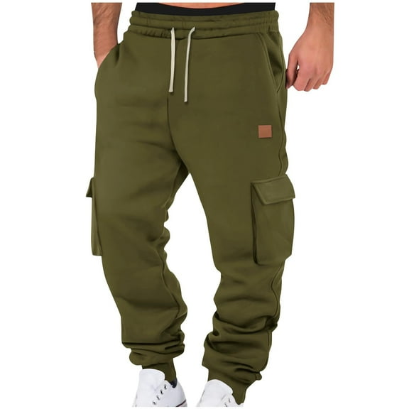 Dagegui Baggy Cargo Sweatpants for Men Fleece Lined Elastic Waist Straight Leg Pants Drawstring Joggers Sweatpant with Pockets Army Green 2XL