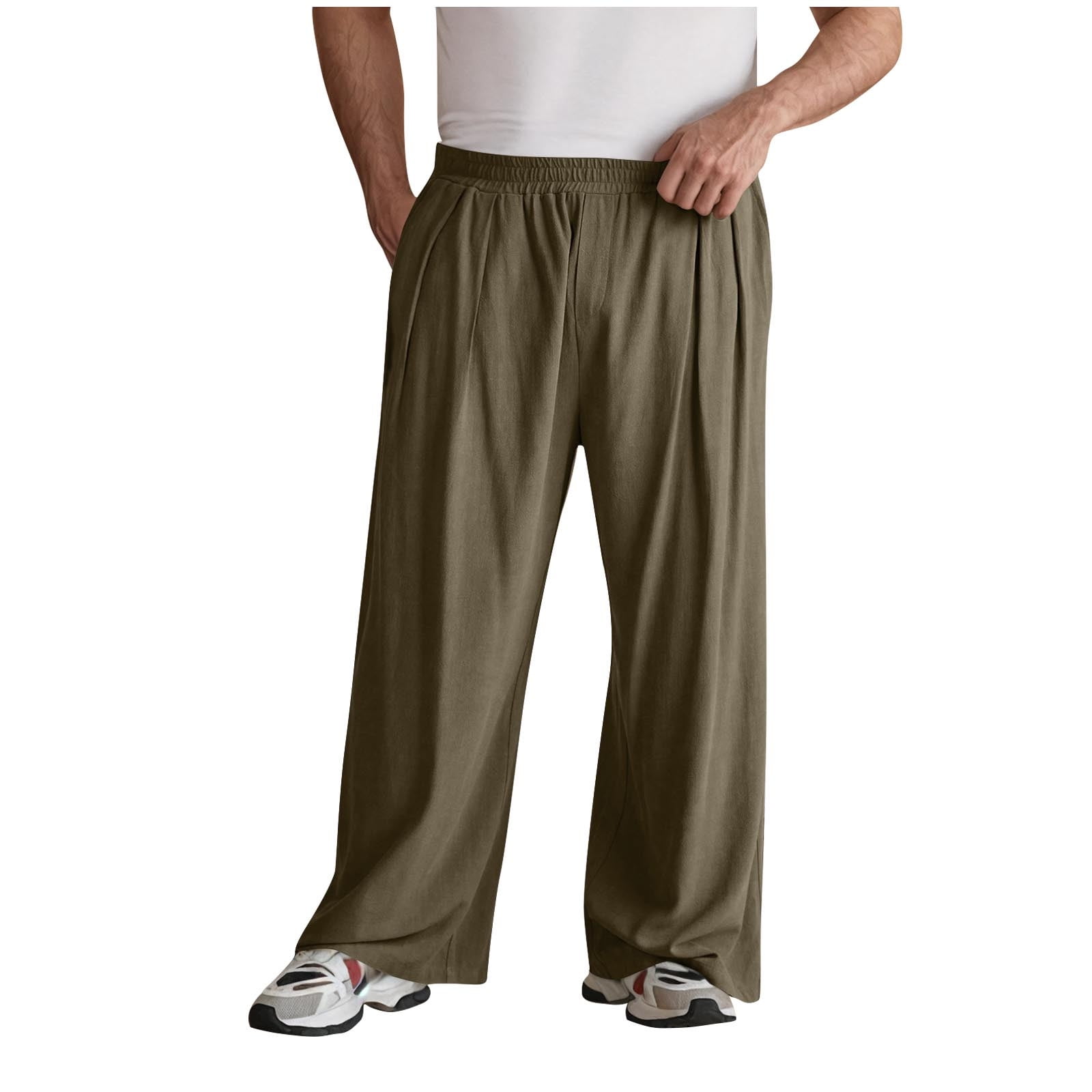 Dagegui Baggy Cotton Linen Pants for Men Casual Elastic Waist Wide Leg ...