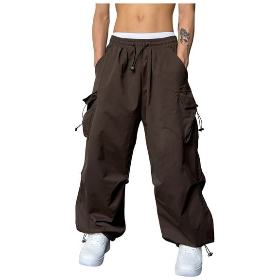 Dagegui Baggy Parachute Pants for Men Elastic Drawstring Waist Cargo Pant Lightweight Hiking Fishing Camping Pants with Pockets Brown XL