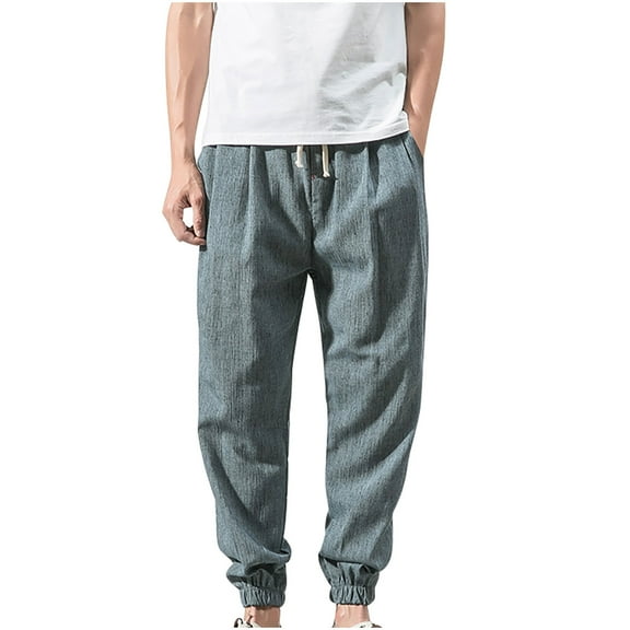 Dagegui Baggy Sweatpants for Men Cotton Linen Harem Pants Big and Tall Loose Fit Trousers Cinch Bottom Sweatpant Casual Outdoor Vacation Long Pant Blue 5XL