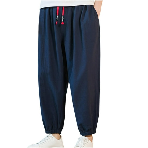 Dagegui Baggy Sweatpants for Men Cotton Linen Lightweight Breathable Lounge Pant Big and Tall Elastic Waist Trousers Loose Fit Casual Outdoor Sweatpant Navy XL