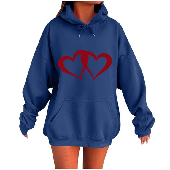 Dagegui Baggy Sweatshirt for Women Oversized Casual Long Sleeve Pullover Hoodies Trendy Heart Print Drawstring Hooded Tops with Pockets Blue L
