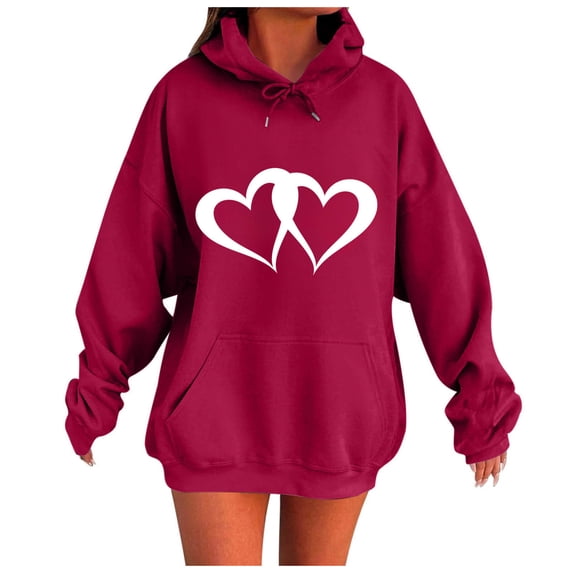 Dagegui Baggy Sweatshirt for Women Oversized Casual Long Sleeve Pullover Hoodies Trendy Heart Print Drawstring Hooded Tops with Pockets Red S