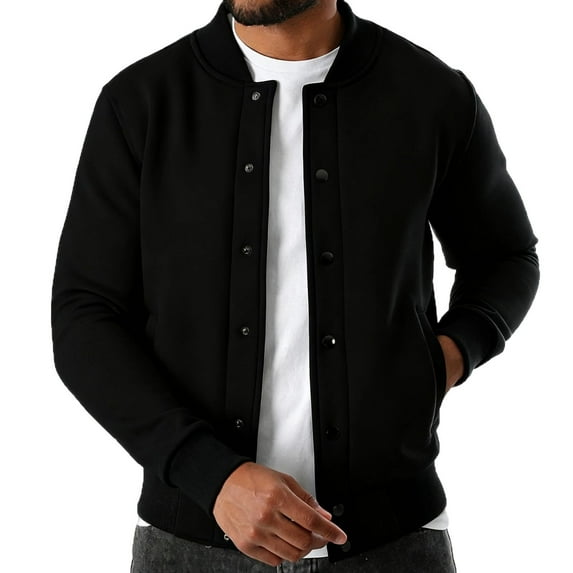 Dagegui Baseball Jackets for Men Solid Color Button Down Collarless Coats Varsity Jacket Fall Winter Outerwear with Pockets Black S
