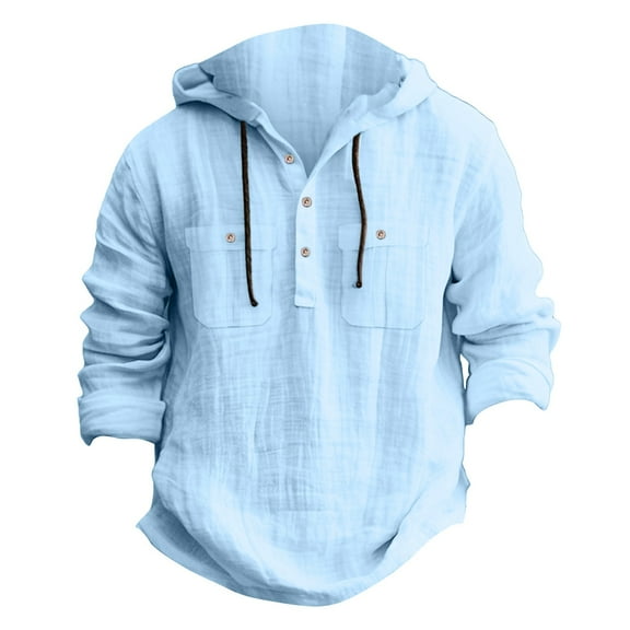 Dagegui Beach Hoodies for Men Cotton Linen Long Sleeve Hooded Shirt Casual Outdoor Vacation Travel Pullover Top Sky Blue XL