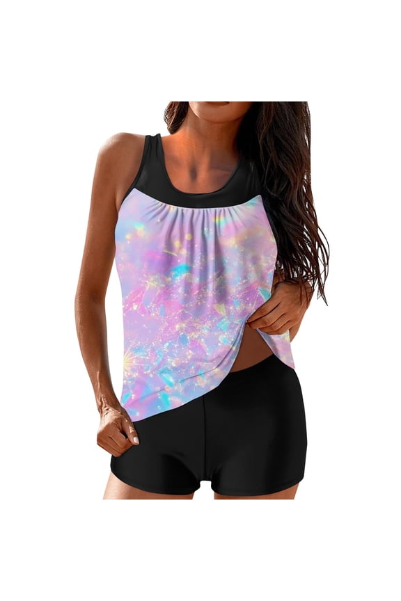 Beach Swimsuit for Women Modest Bathing Suit 2 Piece Sets Tankini Tank Tops with Boyshorts Tummy Control Bathing Suit Swimwear 003 Multicolor XXL