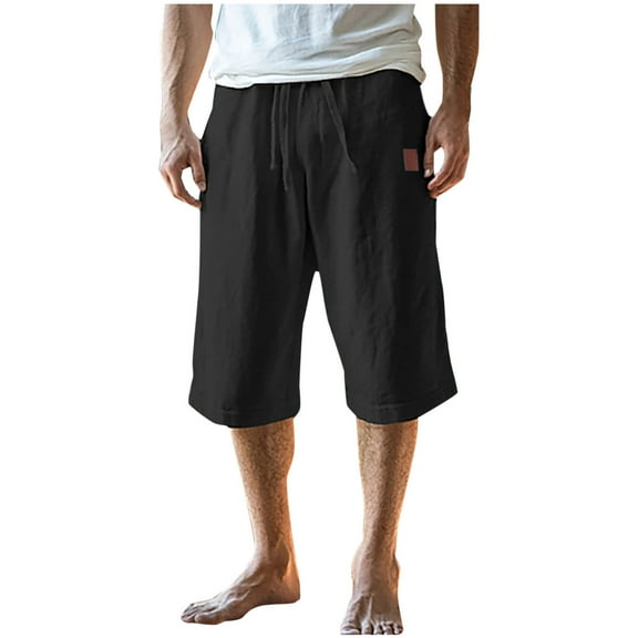 Dagegui Bermuda Shorts for Men Drawstring Elastic Waist Linen Pants Breathable Summer Knee-Length Short Pants with Pocket Black M