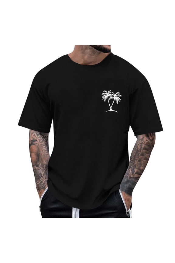 Big & Tall Men's Crew Neck Short Sleeve T-Shirt Casual Loose Fit Tops Palm Tree Graphic Tee Lightweight Hawaiian Vacation Travel T Shirts Black L
