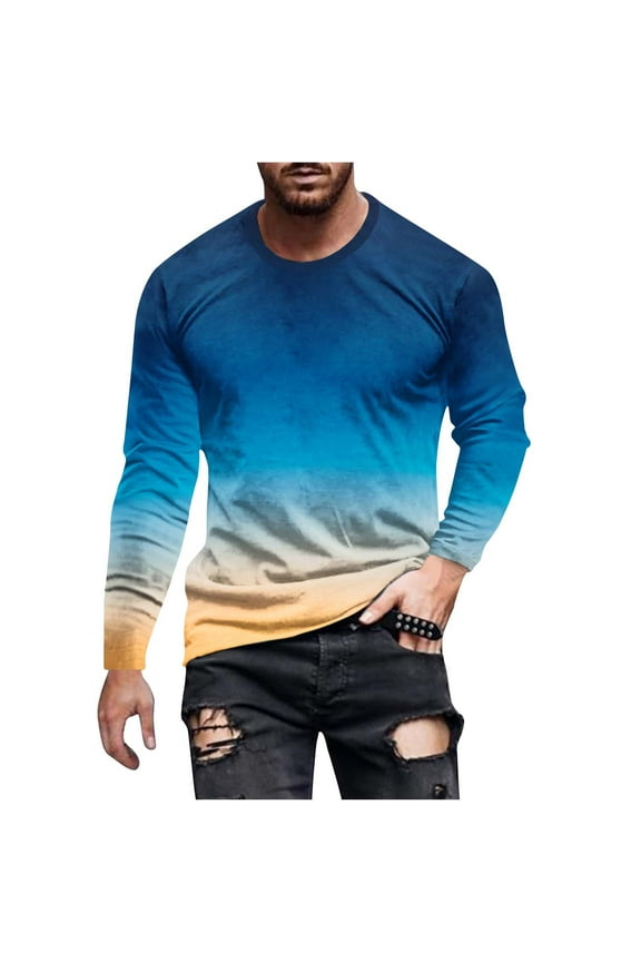Big and Tall T-Shirts for Men Men's Tie Dye Shirts Fall Crew Neck Long Sleeve Tops Casual Loose Fit Pullover Shirt Blue 3XL