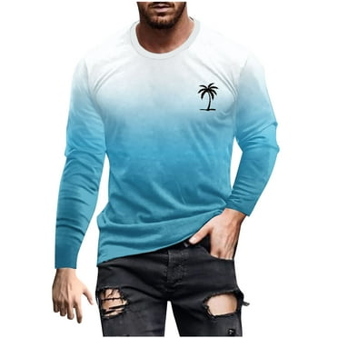 Dagegui Time Limited Discount! Men's Palm Tree Shirts Tie-Dye Long Sleeve Crewneck T-Shirts Gradient Pullover Shirt Big and Tall Gym Workout Muscle Tees Tops Light Blue,M