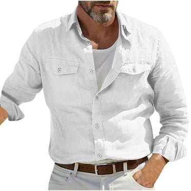 Dagegui Today Deals! Mens Casual Shirts Cotton Linen Long Sleeve Button Down Tops Lightweight Breathable Tees Solid Color Beach Vacation Shirt with Chest Pockets White,M
