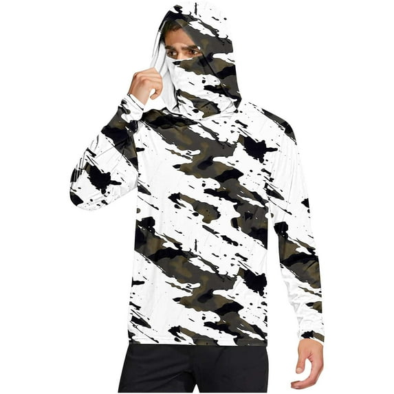 Dagegui Camo Fishing Shirts for Men Long Sleeve Hooded Sun Shirt with Mask UPF 50+ Rash Guards Cooling Lightweight Hoodies White,M