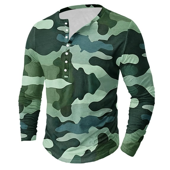 Dagegui Camo Henley Shirts for Men Long Sleeve Camouflage Pullover Shirt Big and Tall Crewneck Button T-Shirts Casual Outdoor Active Tees Tops Army Green M