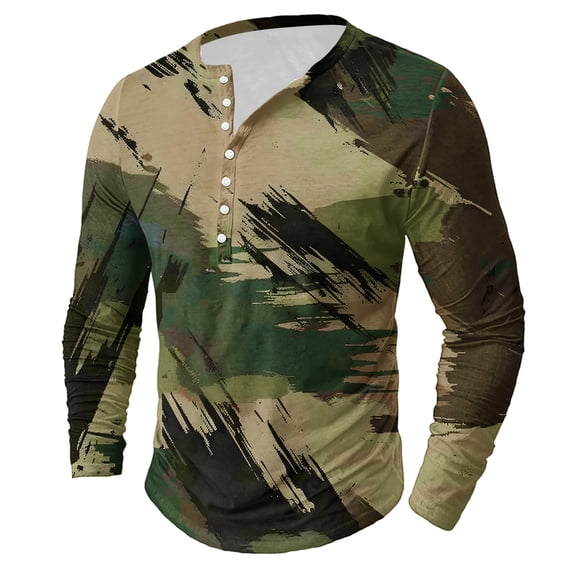 Dagegui Camo Henley Shirts for Men Long Sleeve Camouflage Pullover Shirt Big and Tall Crewneck Button Tees Tops Casual Fall Daily T-Shirts Army Green XL