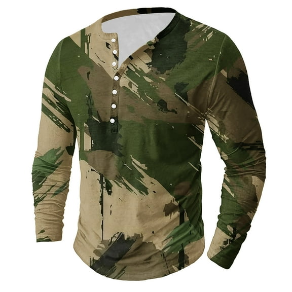 Dagegui Camo Henley Shirts for Men Long Sleeve Camouflage Pullover Shirt Big and Tall Crewneck Button Tees Tops Casual Fall Daily T-Shirts Green 2XL