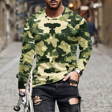 Dagegui Camo Print Long Sleeve Shirts for Men Basic Crewneck Pullover Shirt Trendy Slim Fit Athletic T-Shirts Outdoor Hiking Camping Tees Tops Clearance Sale Army Green M