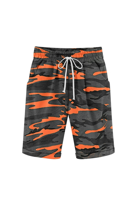 Camo Shorts for Men Casual Linen Beach Shorts Drawstring Elastic Waist Camouflage Shorts with Pockets Big and Tall Vacation Travel Shorts Orange 5XL
